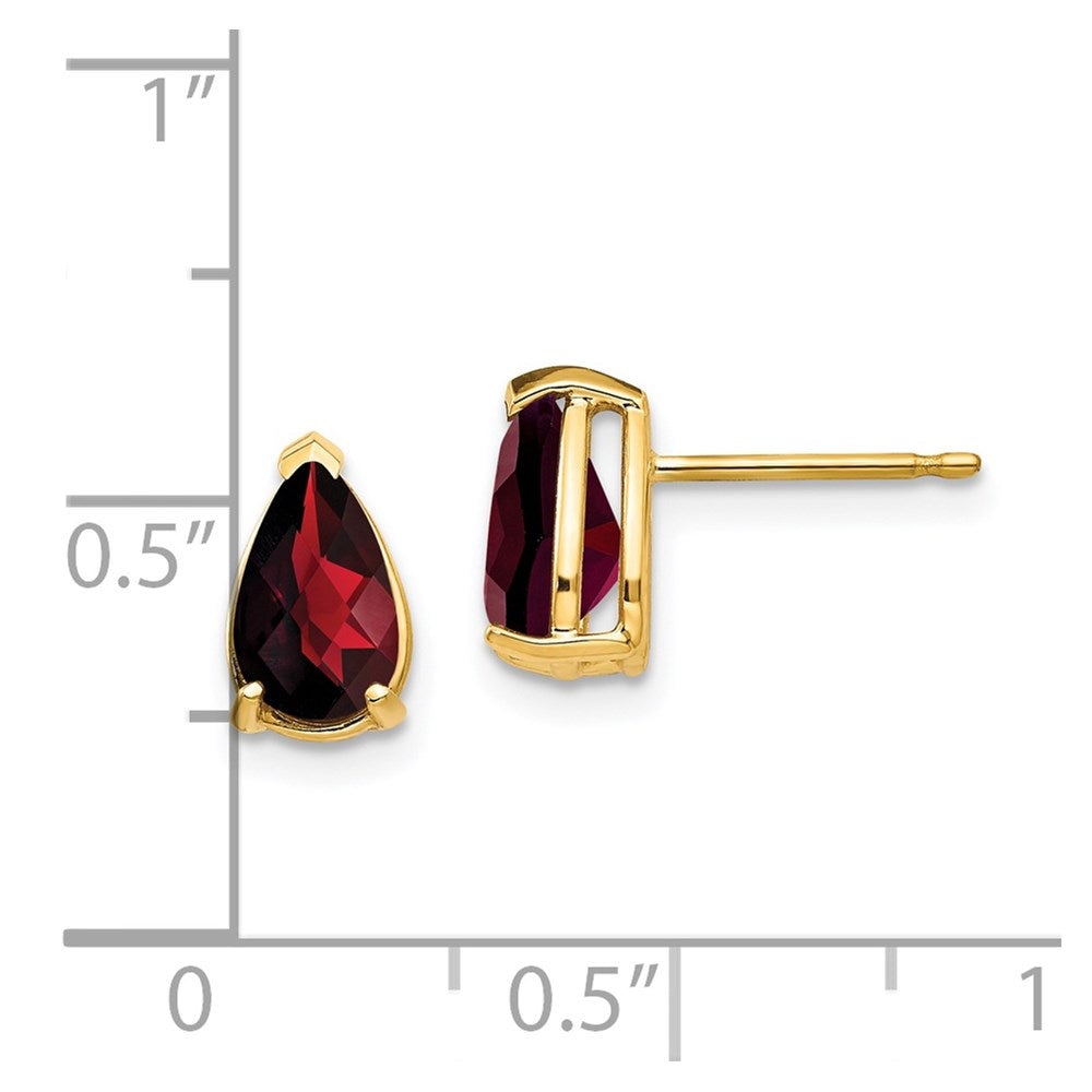 14K Yellow Gold 8x5mm Pear Garnet Checker Stud Earrings