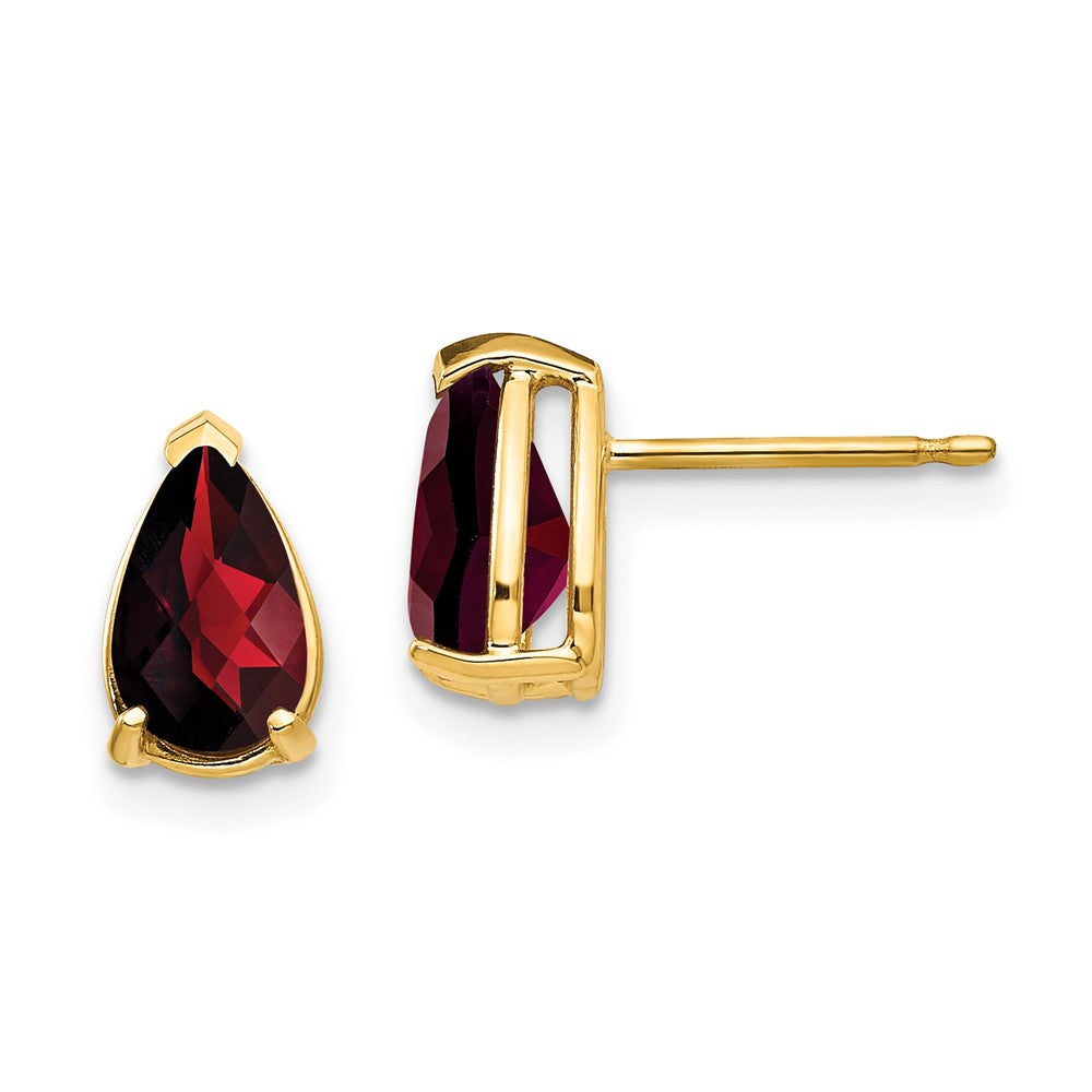 14K Yellow Gold 8x5mm Pear Garnet Checker Stud Earrings