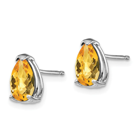 14K White Gold 8x5mm Pear Citrine Checker Stud Earrings