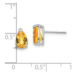 14K White Gold 8x5mm Pear Citrine Checker Stud Earrings