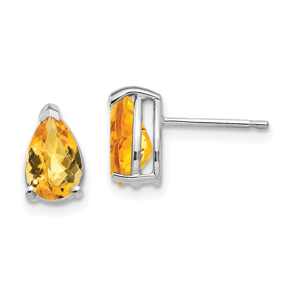 14K White Gold 8x5mm Pear Citrine Checker Stud Earrings