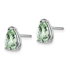 14K White Gold 8x5 Pear Checker-cut Green Quartz Earrings