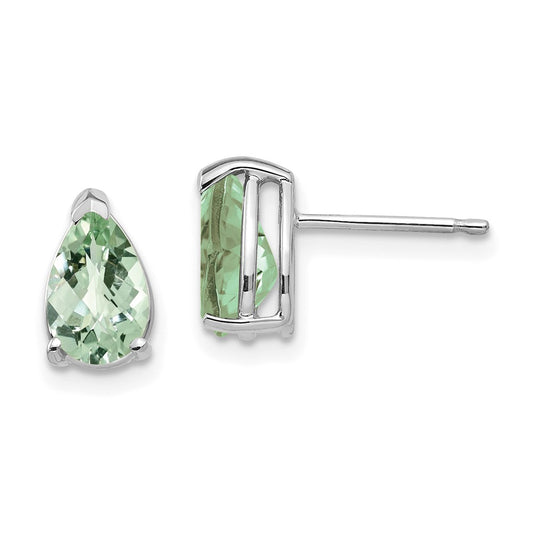 14K White Gold 8x5 Pear Checker-cut Green Quartz Earrings