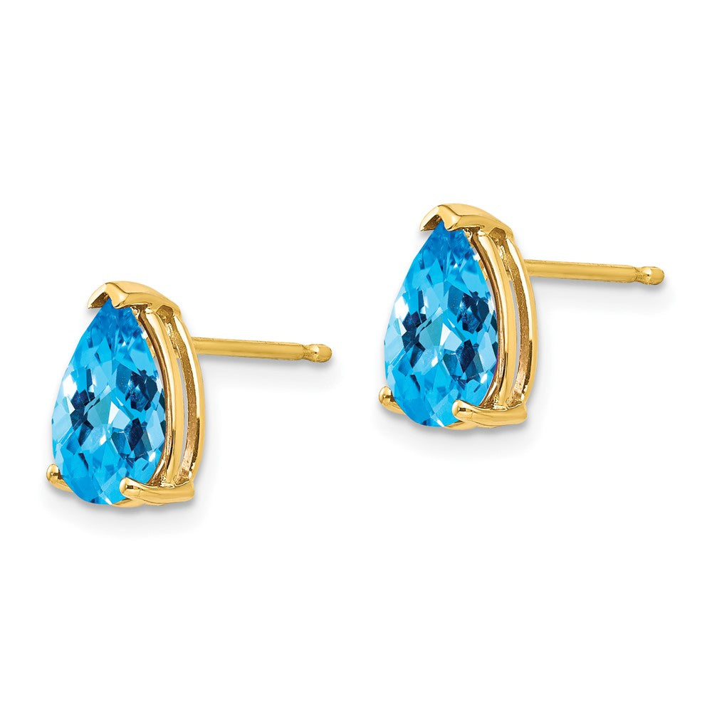 14K Yellow Gold 9x6mm Pear Blue Topaz Checker Stud Earrings