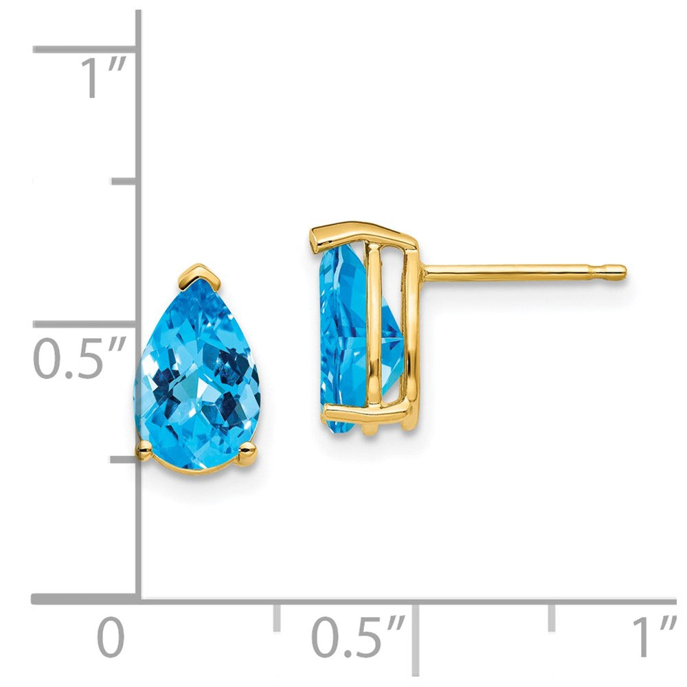 14K Yellow Gold 9x6mm Pear Blue Topaz Checker Stud Earrings