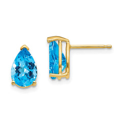 14K Yellow Gold 9x6mm Pear Blue Topaz Checker Stud Earrings