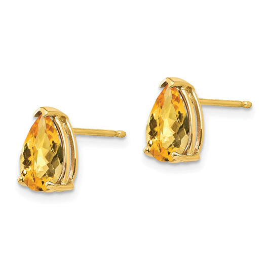 14K Yellow Gold 9x6mm Pear Citrine Checker Stud Earrings