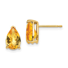 14K Yellow Gold 9x6mm Pear Citrine Checker Stud Earrings