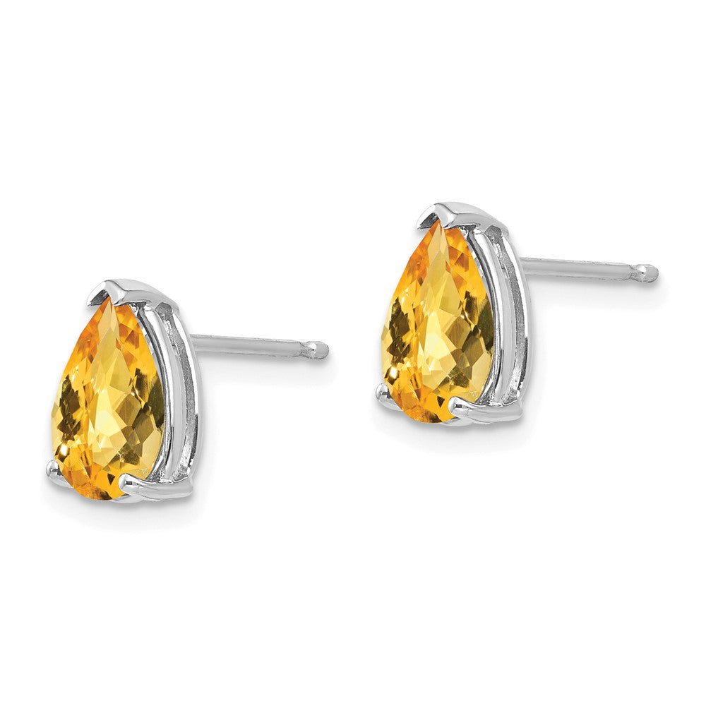 14K White Gold 9x6mm Pear Citrine Checker Stud Earrings