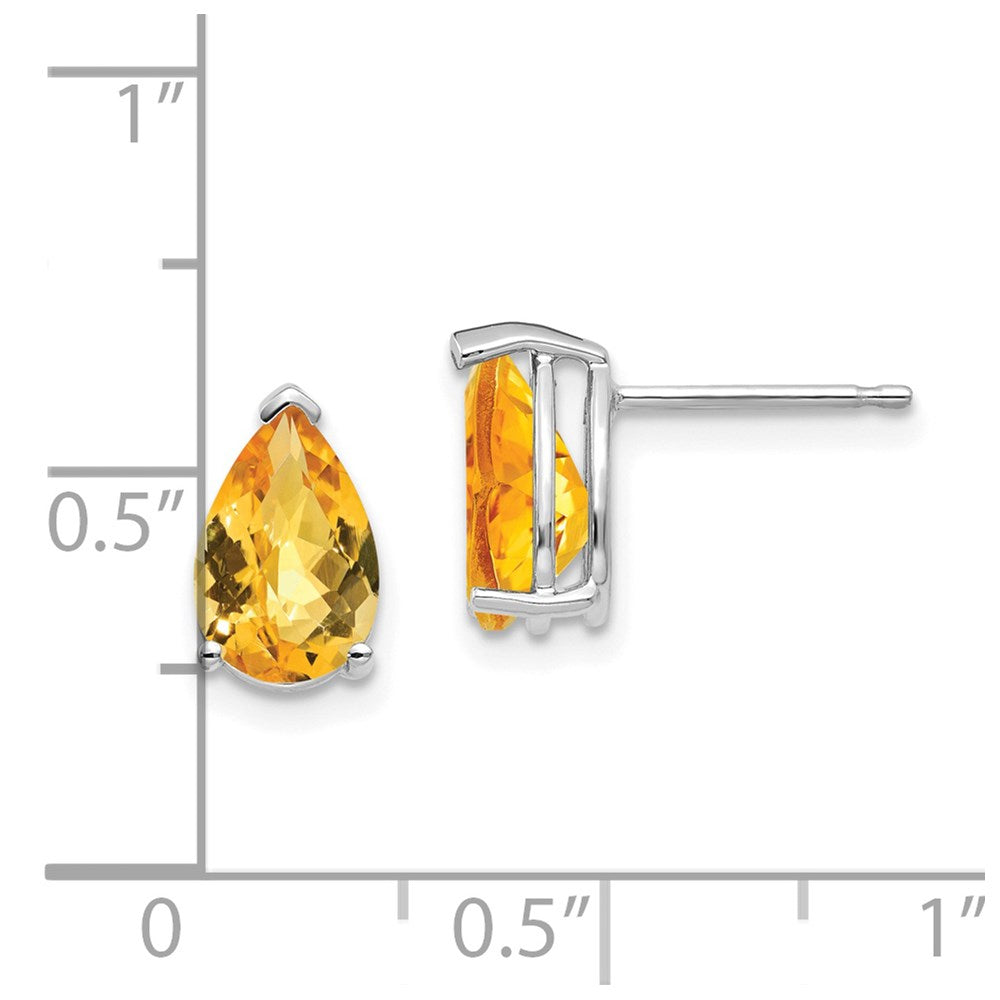 14K White Gold 9x6mm Pear Citrine Checker Stud Earrings