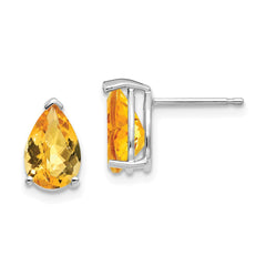 14K White Gold 9x6mm Pear Citrine Checker Stud Earrings