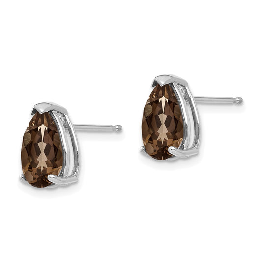 14K White Gold 10x7 Pear Checker-cut Smokey Quartz Stud Earrings