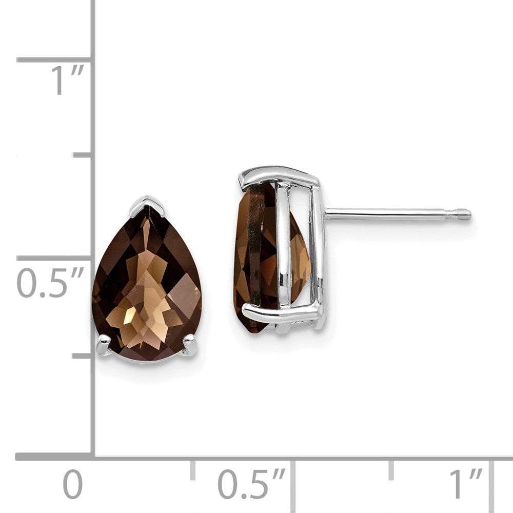 14K White Gold 10x7 Pear Checker-cut Smokey Quartz Stud Earrings