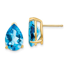 14K Yellow Gold 12x8mm Pear Blue Topaz Stud Earrings