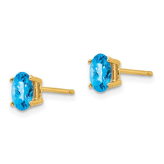 14K Yellow Gold 6x4mm Oval Blue Topaz Checker Stud Earrings