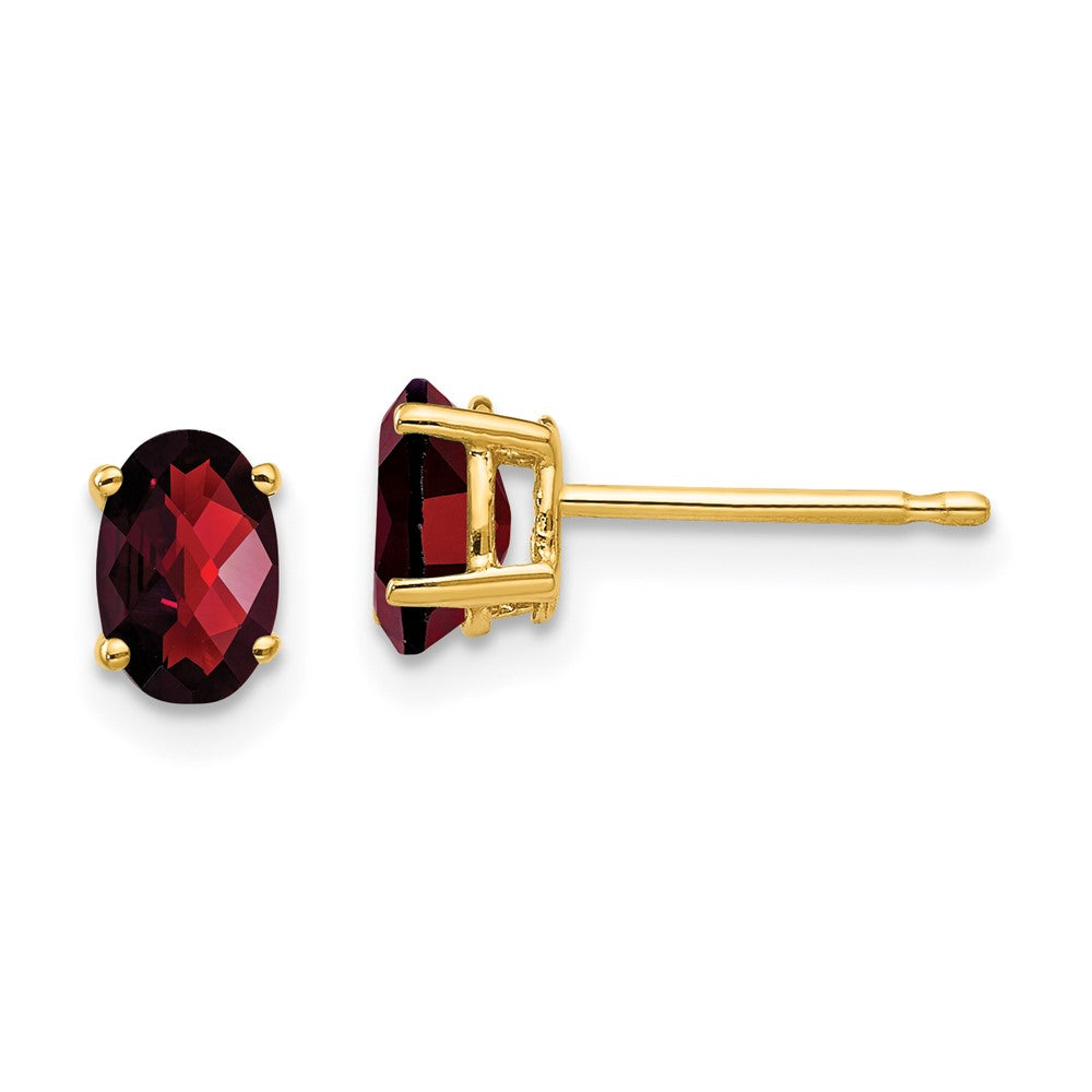 14K Yellow Gold 6x4mm Oval Garnet Checker Stud Earrings