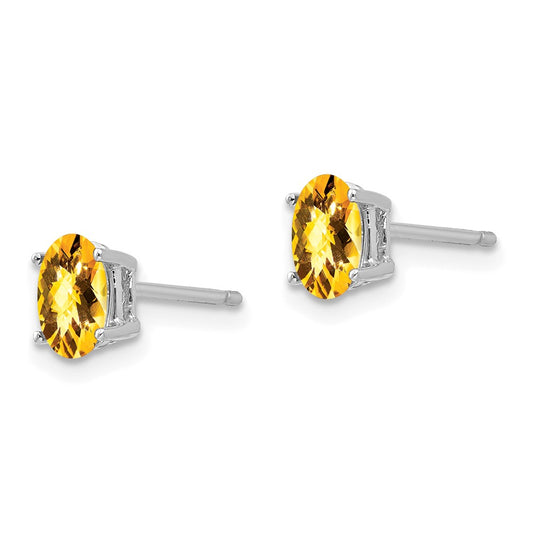 14K White Gold 6x4mm Oval Citrine Checker Stud Earrings