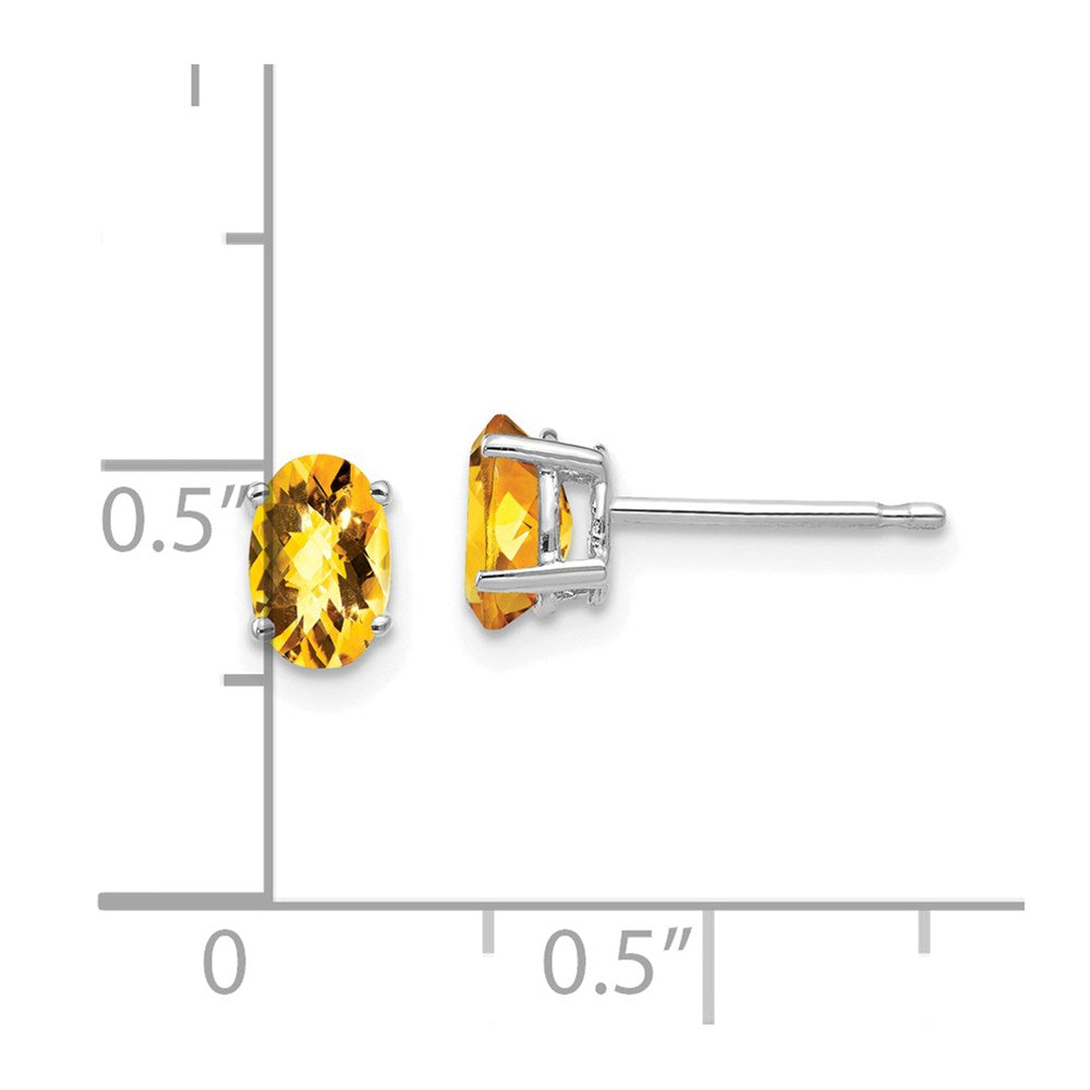 14K White Gold 6x4mm Oval Citrine Checker Stud Earrings