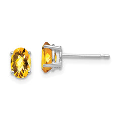 14K White Gold 6x4mm Oval Citrine Checker Stud Earrings