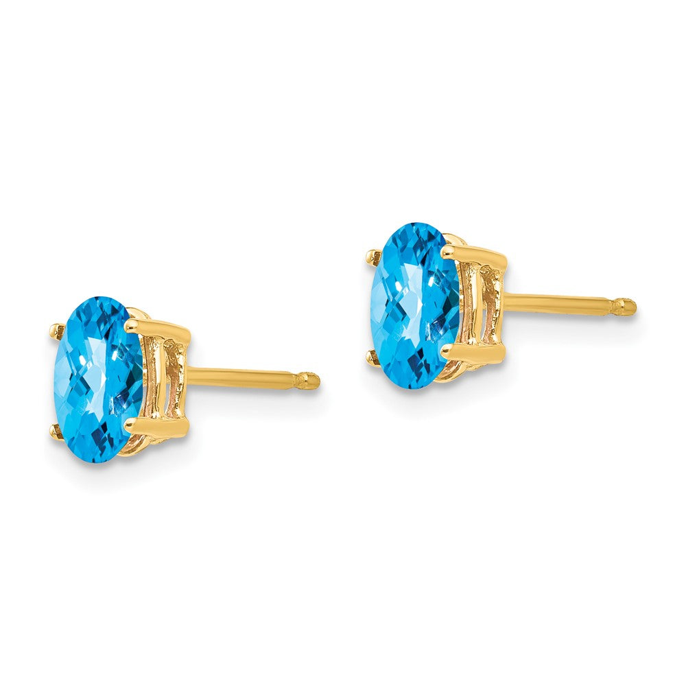 14K Yellow Gold 7x5mm Oval Blue Topaz Checker Stud Earrings