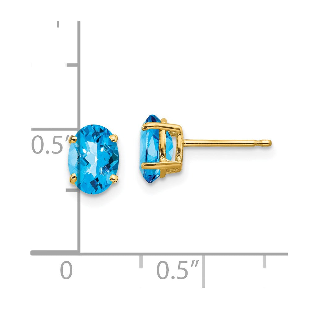 14K Yellow Gold 7x5mm Oval Blue Topaz Checker Stud Earrings