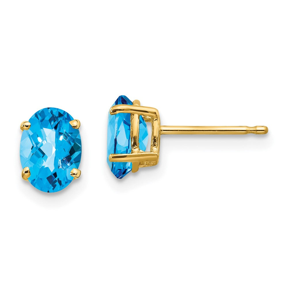 14K Yellow Gold 7x5mm Oval Blue Topaz Checker Stud Earrings