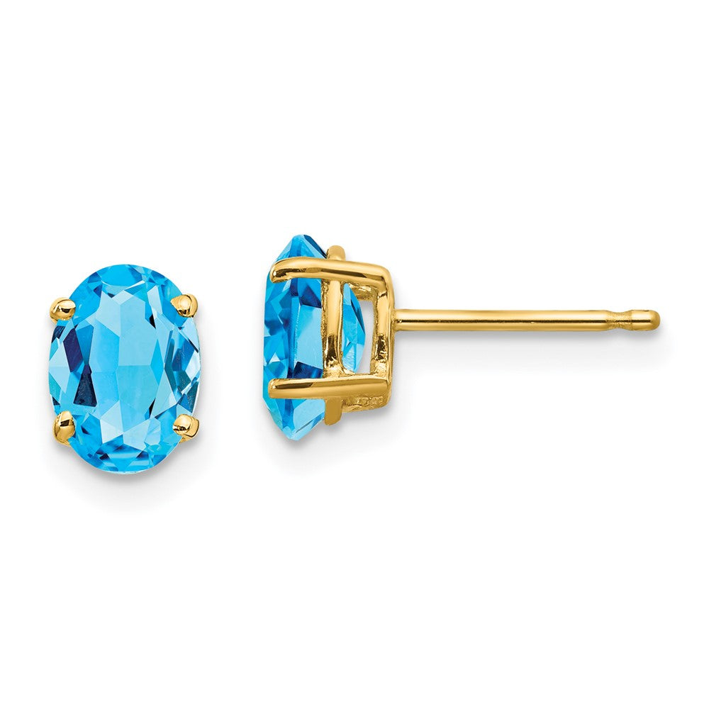 14K Yellow Gold 7x5mm Oval Blue Topaz Stud Earrings