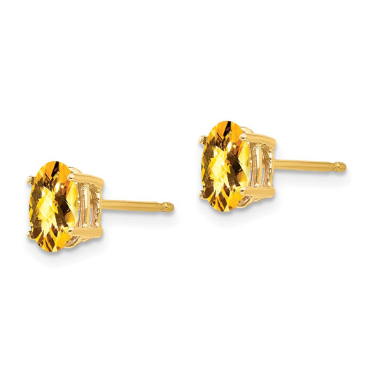 14K Yellow Gold 7x5mm Oval Citrine Checker Stud Earrings