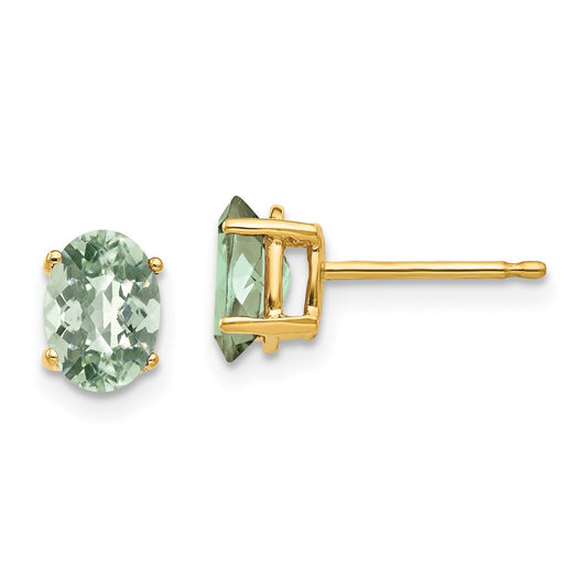 14K Yellow Gold 7x5 Oval Checker-cut Green Quartz Earrings