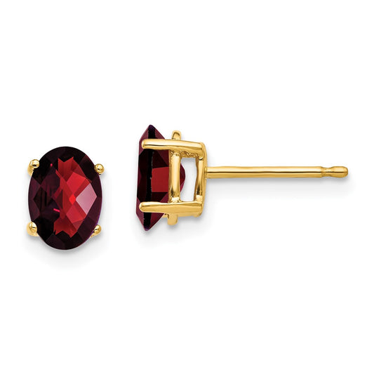 14K Yellow Gold 7x5mm Oval Garnet Checker Stud Earrings