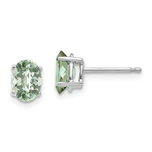 14K White Gold 7x5 Oval Checker-cut Green Quartz Earrings