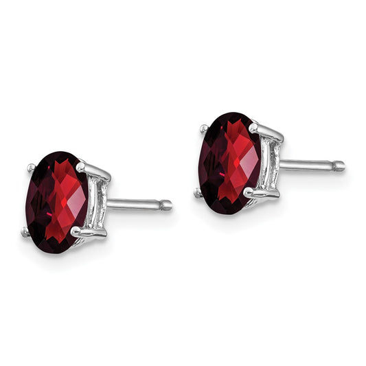 14K White Gold 7x5mm Oval Garnet Checker Stud Earrings