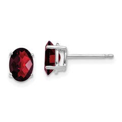 14K White Gold 7x5mm Oval Garnet Checker Stud Earrings