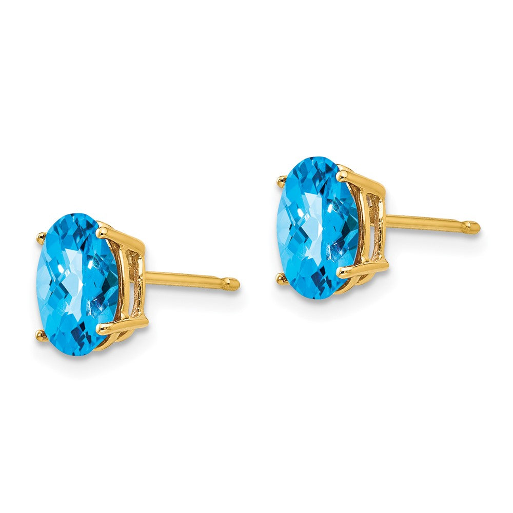 14K Yellow Gold 8x6mm Oval Blue Topaz Checker Stud Stud Earrings