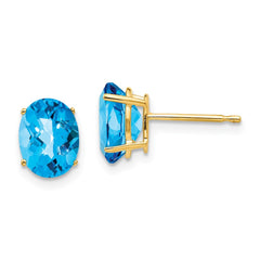 14K Yellow Gold 8x6mm Oval Blue Topaz Checker Stud Stud Earrings