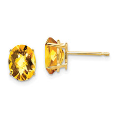 14K Yellow Gold 8x6mm Oval Citrine Checker Stud Earrings