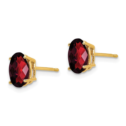 14K Yellow Gold 8x6mm Oval Garnet Checker Stud Earrings