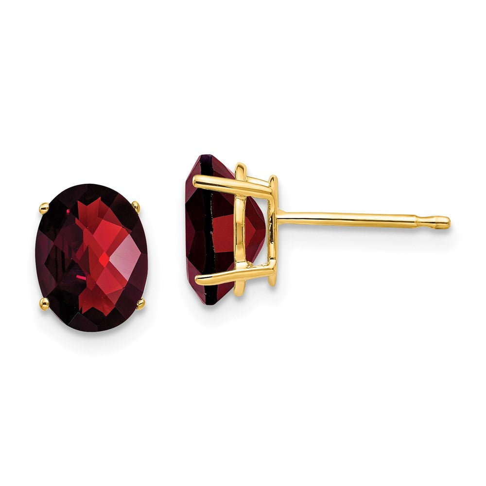 14K Yellow Gold 8x6mm Oval Garnet Checker Stud Earrings