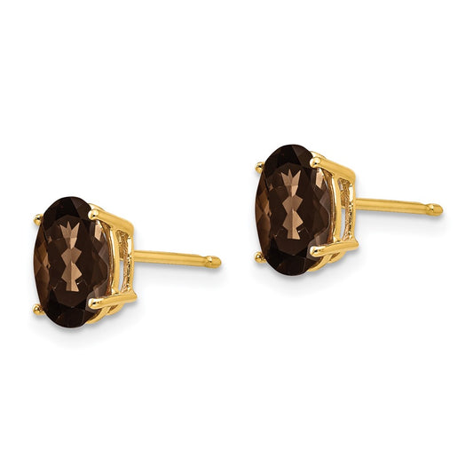 14K Yellow Gold 8x6mm Oval Smokey Quartz Stud Earrings