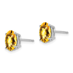 14K White Gold 8x6mm Oval Citrine Checker Stud Earrings