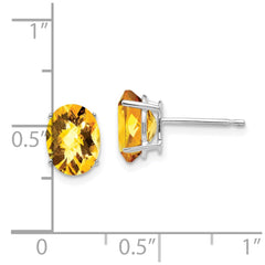 14K White Gold 8x6mm Oval Citrine Checker Stud Earrings