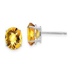 14K White Gold 8x6mm Oval Citrine Checker Stud Earrings