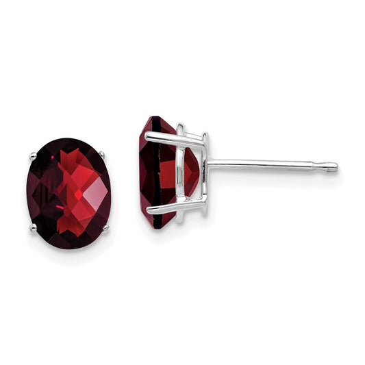 14K White Gold 8x6mm Oval Garnet Checker Stud Earrings