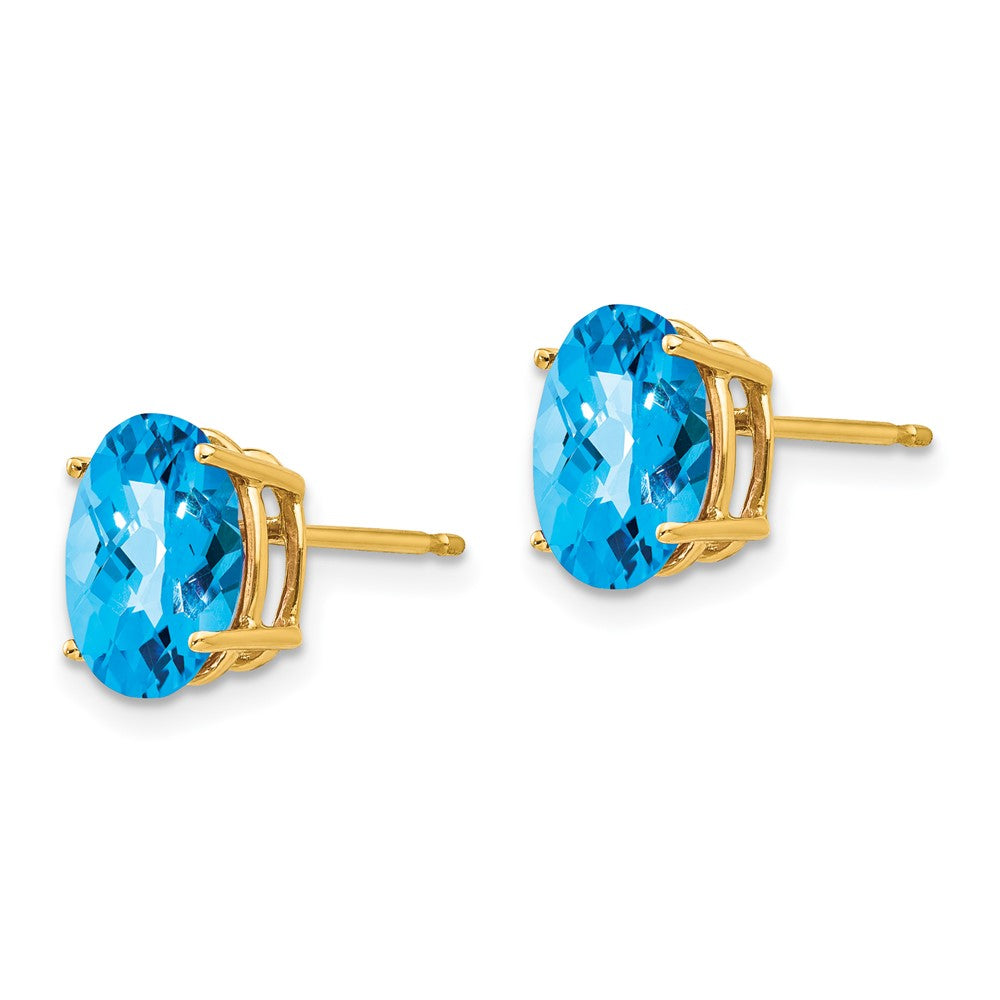 14K Yellow Gold 9x7mm Oval Blue Topaz Checker Stud Earrings