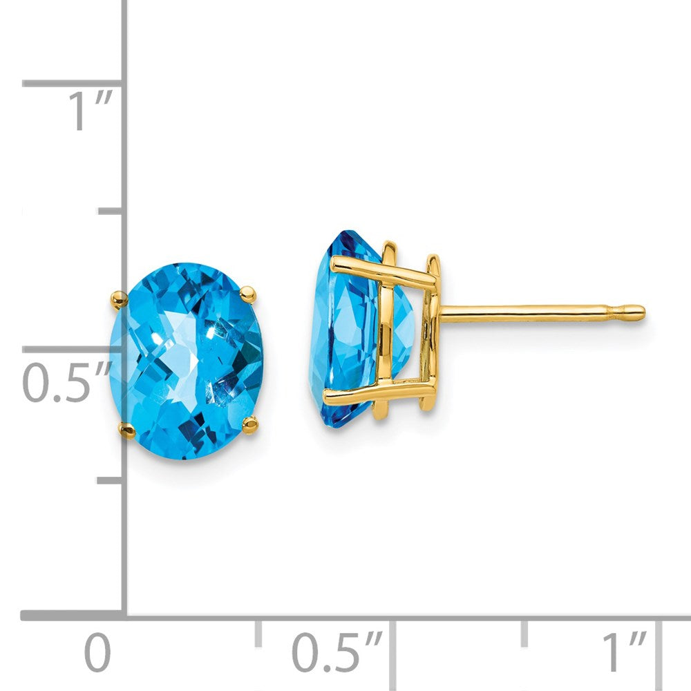 14K Yellow Gold 9x7mm Oval Blue Topaz Checker Stud Earrings