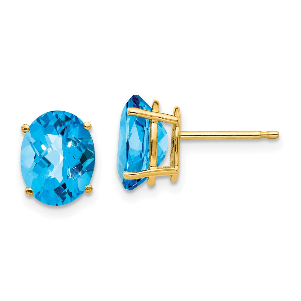 14K Yellow Gold 9x7mm Oval Blue Topaz Checker Stud Earrings