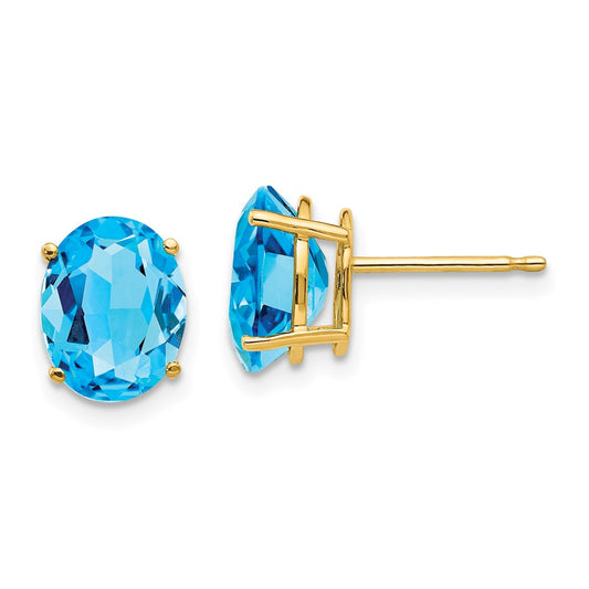 14K Yellow Gold 9x7mm Oval Blue Topaz Stud Earrings