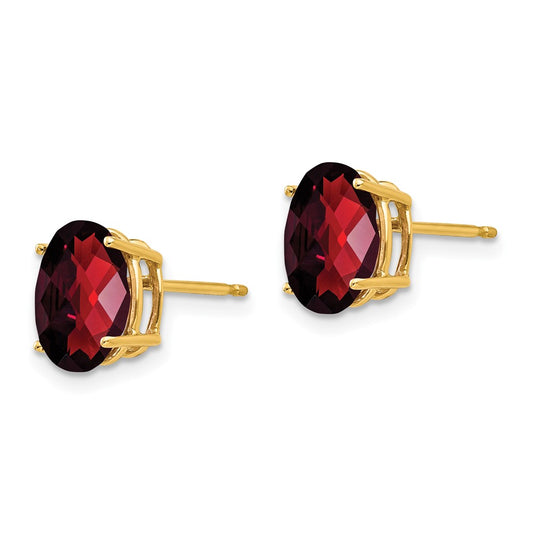 14K Yellow Gold 9x7mm Oval Garnet Checker Stud Earrings