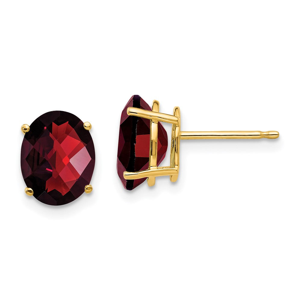 14K Yellow Gold 9x7mm Oval Garnet Checker Stud Earrings