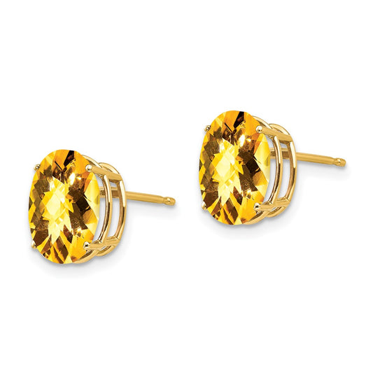 14K Yellow Gold 10x8mm Oval Citrine Checker Stud Earrings